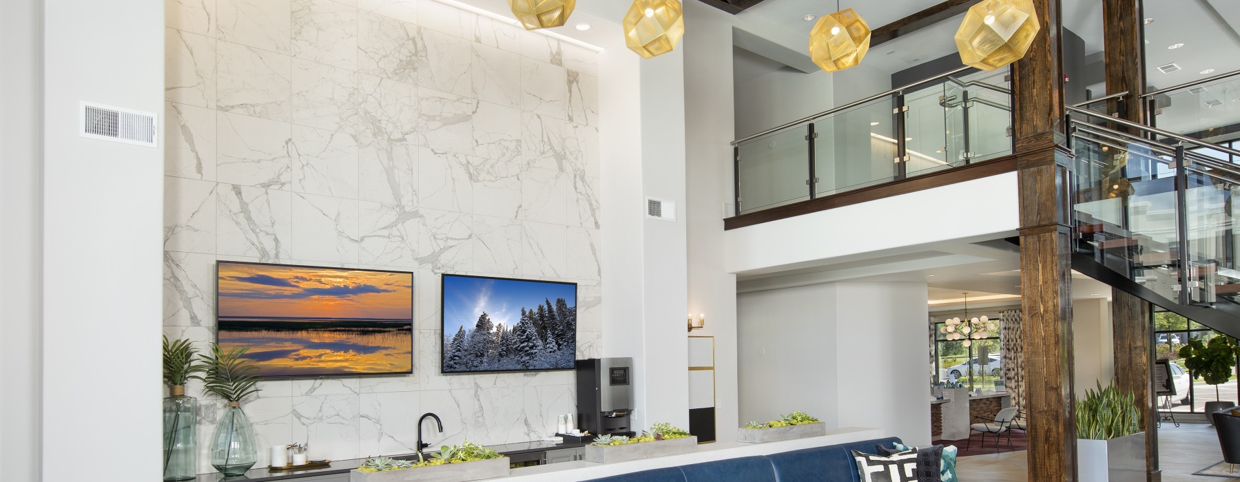 Interior clubhouse with ample seating and coffee station